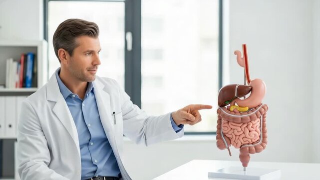 Doctor Explaining Human Anatomy Model in Clinic