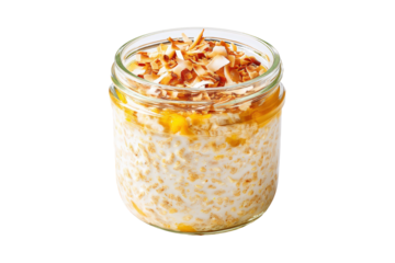 Overnight oats with coconut flakes and a hint of orange, served in a glass jar, isolated on transparent background