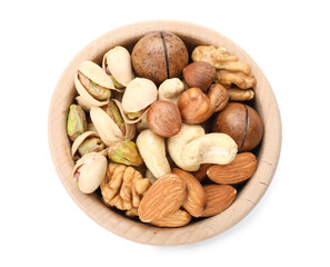 Mix of different nuts in bowl isolated on white, top view
