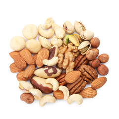 Mix of different nuts isolated on white, top view