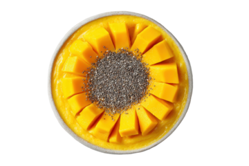 Overhead view of a vibrant yellow smoothie bowl topped with diced mango and chia seeds, isolated on transparent background