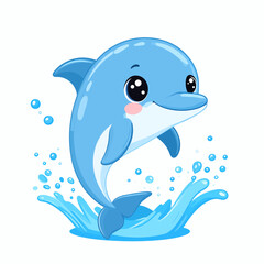 Obraz premium A cheerful blue dolphin character in a cute pastel kawaii style, featuring big sparkling eyes and a joyful jump out of the water