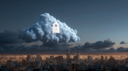 Massive digital cloud with glowing padlock and network mesh in the foreground above night city skyline with warm lights and storm clouds in the background, concept of cloud data security