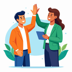 Obraz premium Vector illustration of two happy business colleagues celebrating a successful achievement with a high five, in a flat cartoon style