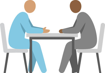Business meeting between two men sitting at a desk discussing work professional conversation