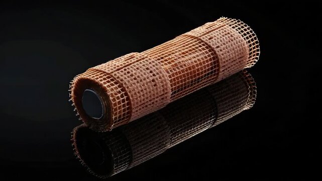 A roll of fabric lying on a shiny surface with reflections