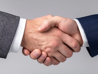 Two people in suits shaking hands against a neutral background.