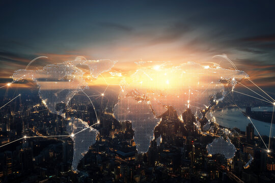Global Connectivity: Digital world map overlay over a cityscape at sunset, visualizing worldwide network and connections.
