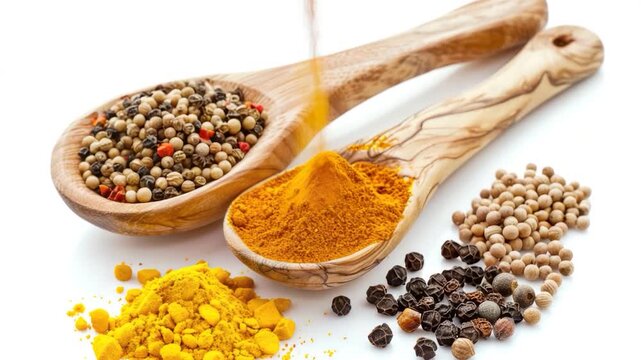 Pair of wooden utensils filled with aromatic spices, perfect for cooking or serving
