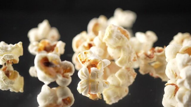 Slow motion shot of fresh popcorn falling and bouncing towards camera on black background. Premium snack footage perfect for cinema commercials and entertainment marketing content.