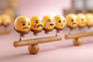 Emojis on a seesaw depict a range of human emotions, balancing happiness and sadness. Represents the spectrum of emotional experiences.