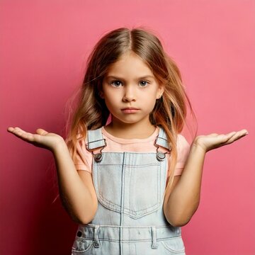 A little girl stands with her arms outstretched in front of a pastel-colored background, looking helpless.