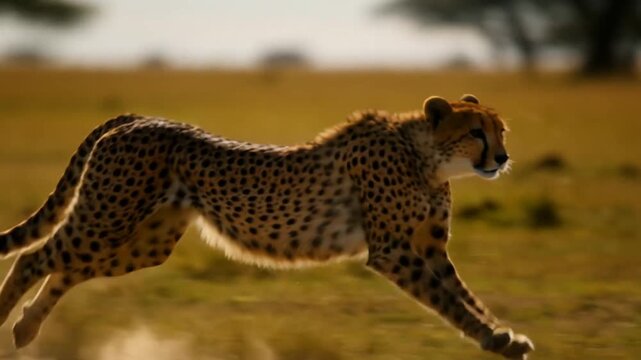 Wild cheetah running at full speed across African savanna grassland with acacia trees in golden sunset light creating dust clouds