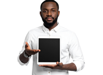Young man with beard holding tablet and presenting gesture isolated on transparent background