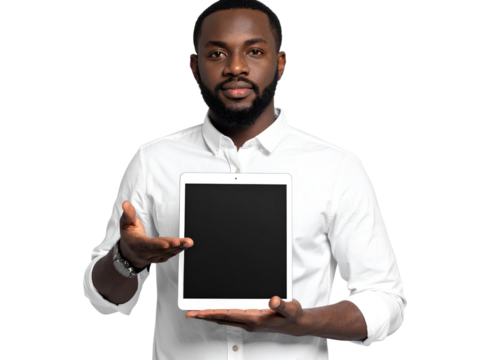 Firefly_Young man with beard holding tablet and presenting gesture isolated on transparent ba - Powered by Adobe