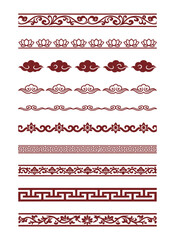 Traditional Chinese Asian Border Ornaments Set with Floral Lotus Clouds and Geometric Patterns for Design Elements and Decoration