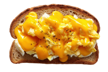 Scrambled egg sandwich with melted cheese and black pepper isolated on transparent background