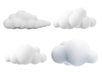 Collection of four fluffy clouds isolated on transparent background