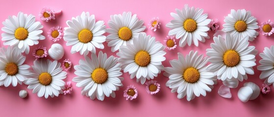 Obraz premium Lovely Daisies on Pink Background: A Delightful Floral Arrangement