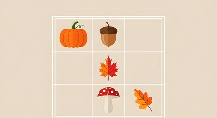 A vertical grid with various autumn icons including a pumpkin, acorn, maple leaf, and mushroom with ample copy space for social media use