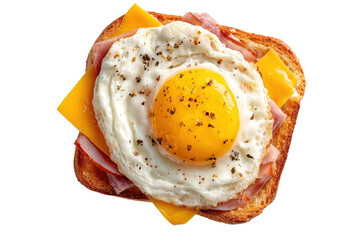 Openfaced sandwich with fried egg, ham, and cheese, isolated on transparent background
