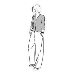 Stylish woman fashion illustration – bob hair, zip cardigan, wide pants, sneakers, walking in the city