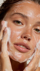 Radiant skin is being washed gently with a foamy cleanser, showcasing a fresh and rejuvenated complexion.