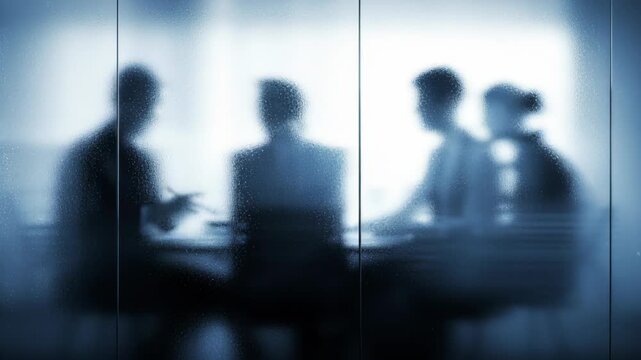 Silhouetted Business Meeting Behind Frosted Glass