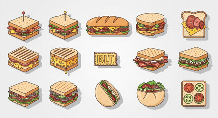 Isometric sandwich and burger vector icon set collection of different fast food sandwiches and burgers in isometric style