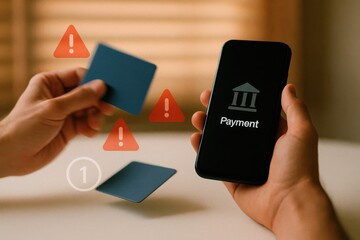Payment declined warning on mobile phone with credit card and glowing red alert icons
