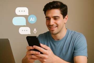 Happy man chatting with AI assistant app on mobile with floating messaging and voice icons
