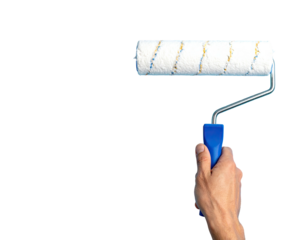 A hand holds a paint roller against a plain background