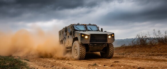 The rugged military vehicle swiftly moves through challenging terrain during a strategic deployment exercise