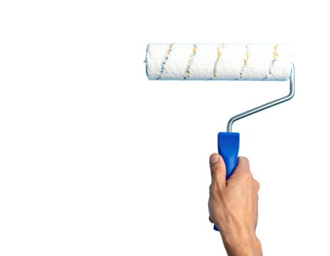 A hand holds a paint roller against a plain background