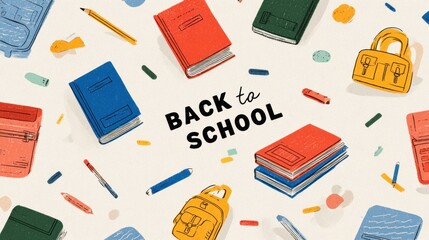 Infographic-style illustration showing "back to school" supplies: books, pencils, bags.