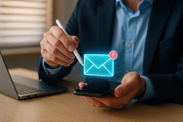 Businessman using stylus to check email notification on smartphone with glowing envelope icon
