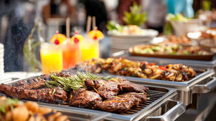Buffet spread: sizzling meat, vibrant side dishes, & refreshing tropical drinks on a sunny day. Ready to indulge!