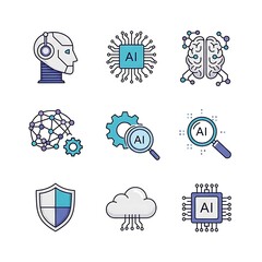 Collection of AI-related illustrations, showcasing various facets of artificial intelligence, from robot design to cloud computing.