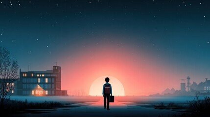 Fototapeta premium Silhouette of student walking toward a glowing school on horizon, conceptual illustration.