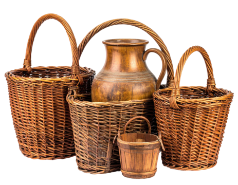 Wicker baskets and a jug, rustic style