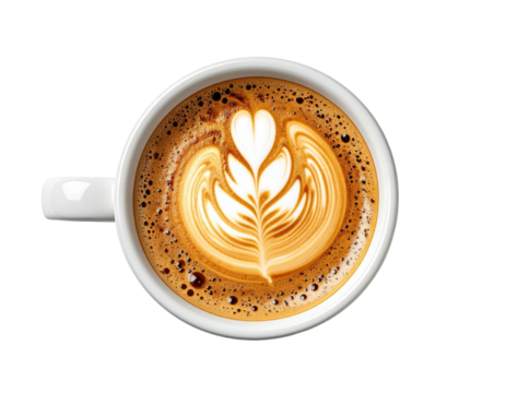 Overhead view of a latte art coffee drink in a white mug