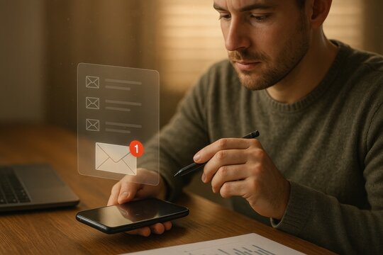 Focused man reviewing digital inbox with new email notification using stylus and smartphone
- Powered by Adobe