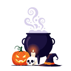 Halloween Witch Cauldron Pumpkin Skull Hat and Candle.