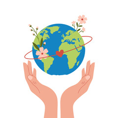 Hands holding planet earth with flowers and heart symbol.