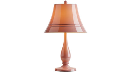 Isolated tan decorative table lamp, with a tan lampshade, illuminating from underneath its shade