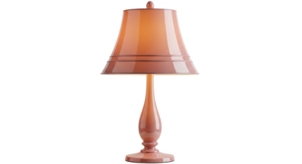 Isolated tan decorative table lamp, with a tan lampshade, illuminating from underneath its shade