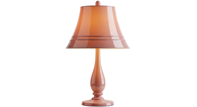 Isolated tan decorative table lamp, with a tan lampshade, illuminating from underneath its shade