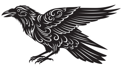 Black Raven Silhouette with Stylized Feather Details