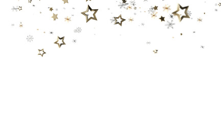 Elegant gold stars and snowflakes falling on white. Perfect for holiday designs, cards, and celebrations.