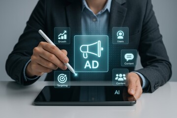 Business hand using stylus on tablet to activate AI advertising and marketing tools interface

